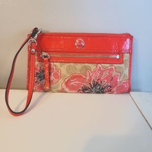 Coach Poppy Signature Flower Orange Silver & Khaki Milticolor Zippered Wallet